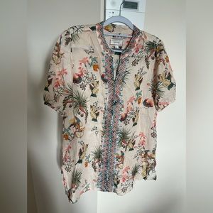 Johnny Was Beige Floral Blouse with Geometric Trim